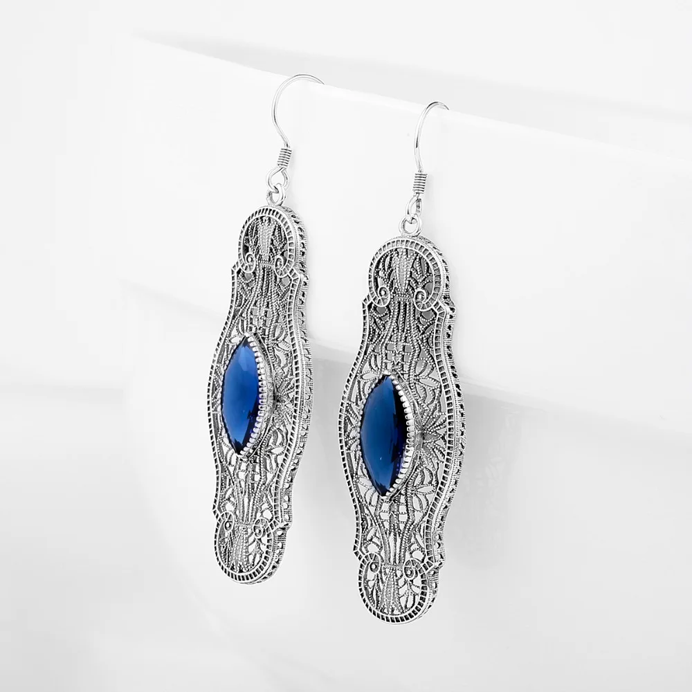 Продажа индийские украшения синий камень Crytal Серьги для Для женщин Сплошной 925 серебряные серьги Талисманы ювелирные изделия маркиза
