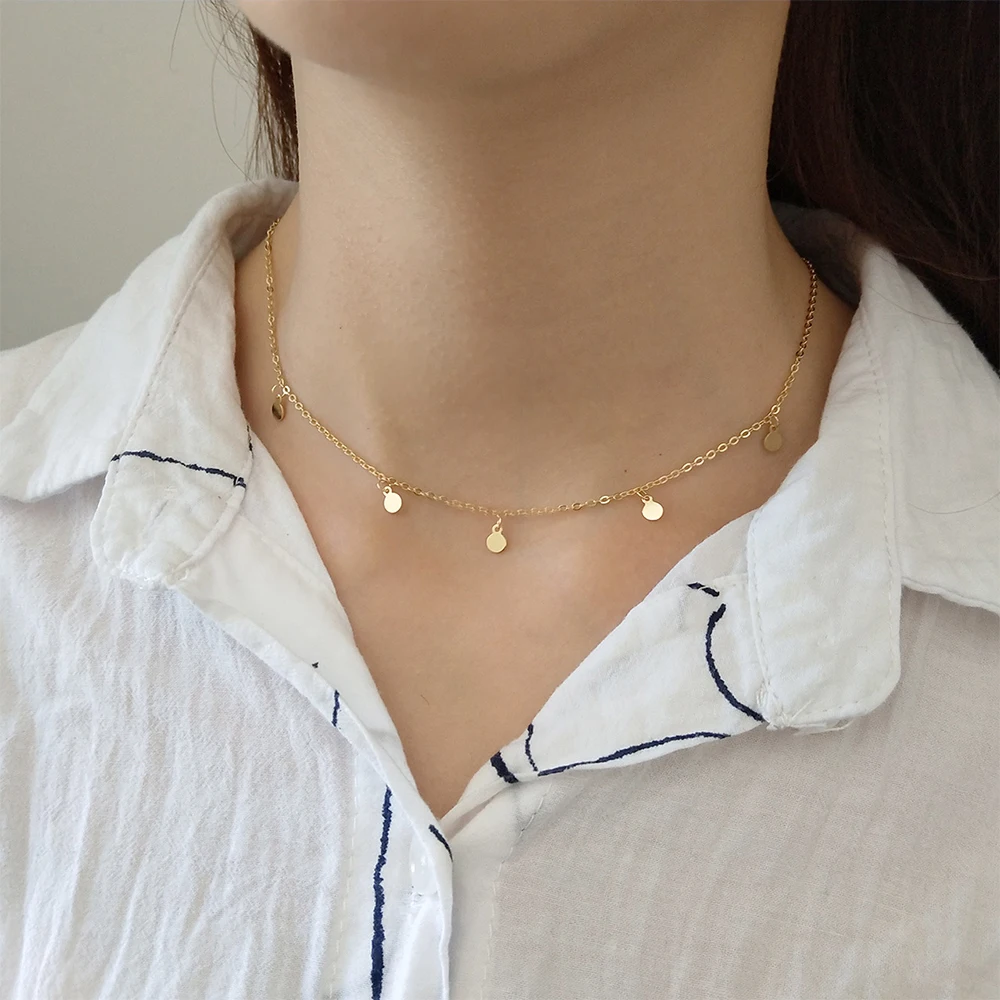 

DAIWUJAN Real 925 Sterling Silver Minimalist Round Wafer Choker Necklace For Women Korean Gold Color Trendy Simple Jewelry Gift