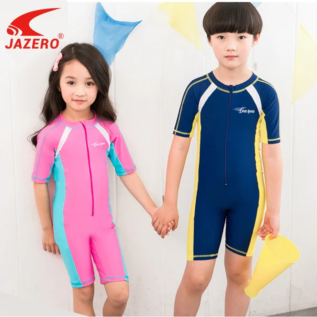 Special Offers JAZERO Children's One Piece Swimming Clothes Boys Girls Professional Sports Suits Patchwork Pattern Swimwear For Kids Swimsuit