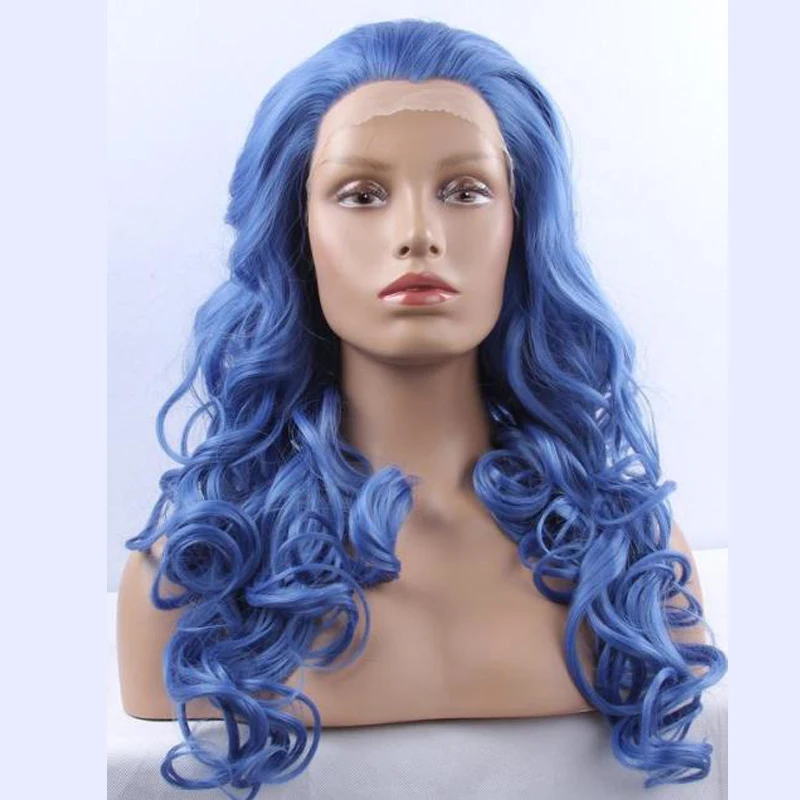 Cheap Good Quality Blue Synthetic Lace Front Wig Heat Resistant Curly