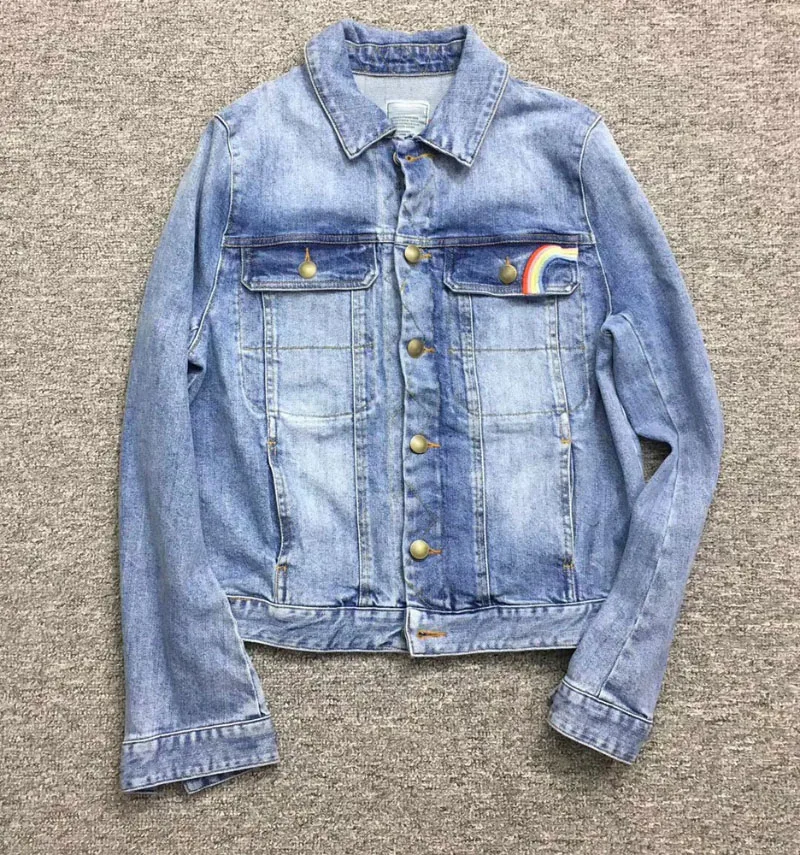 

Blue cotton 'LOVE' embroidered denim jacket two chest patch pockets Rainbow Embroidery long sleeves Button up jacket Woman