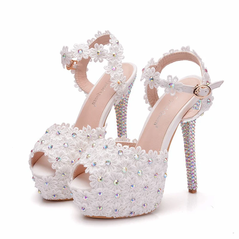 

2019 New Wedding Sandals White Lace Flowers Pearl Rhinestone Sweety Princess Style Thin Heels High Heels Big Size XY-B0255
