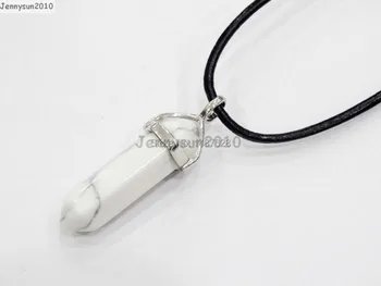 

Natural White Tur-quoise Gems Stones Hexagonal Pointed Healing Reiki Chakra Pendant Black Leather Cord Necklace 18'' 5 Sets/Pack