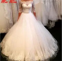 Robe de mariage принцесса длинное свадебное платье 2019 Sheer средства ухода за кожей шеи Половина бальное платье с рукавами Часовня Поезд аппликации