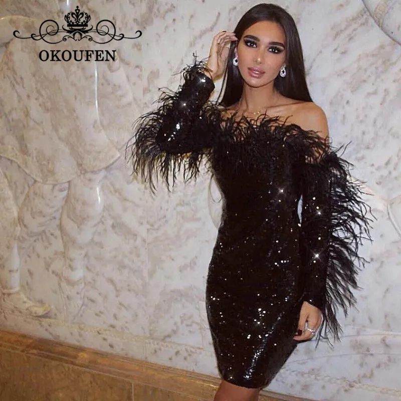 Bling Sequined Short Cocktail Dresses With Feather Long Sleeves 2019