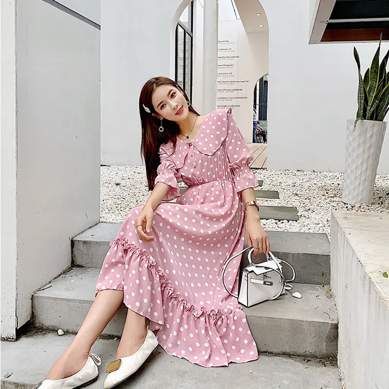 

Summer polka dot printed doll collar dress with long short sleeves elastic waist and big pink tourist holiday women midi dress