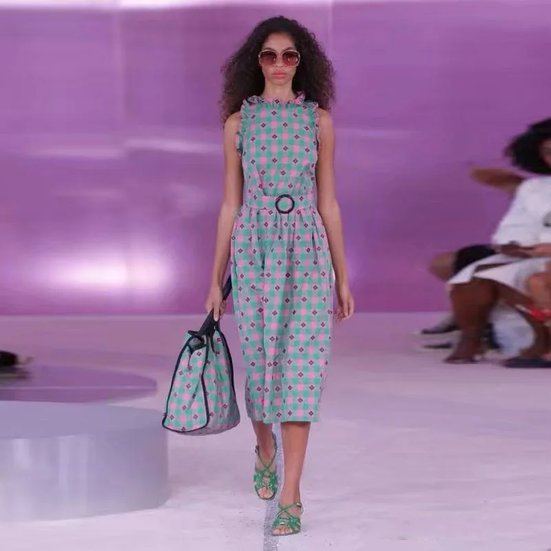 

2019 Spring and Summer Foreign Trade Women's Dress Round Collar Sleeveless Color Box Pattern Box Waist Dress Women