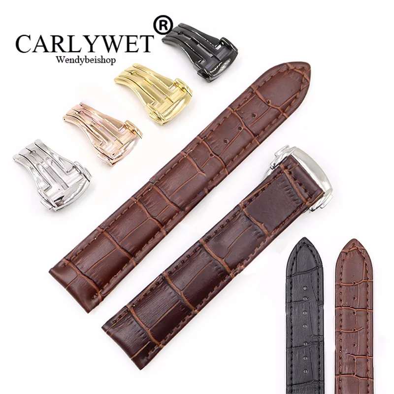Meilleur CARLYWET 18 20 22mm Réel En Cuir Noir Brun Crocodile Grain Vintage Déploiement Montre Bracelet de Courroie De Bande Pour seamaster