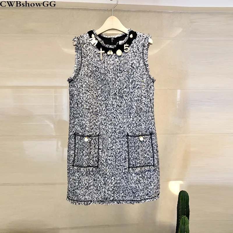 

Autumn And Winter Vests Thin Vest Ladies Small Fragrance Loose Tweed Dress Woolen Sleeveless Round Neck Vintage Mini Dress