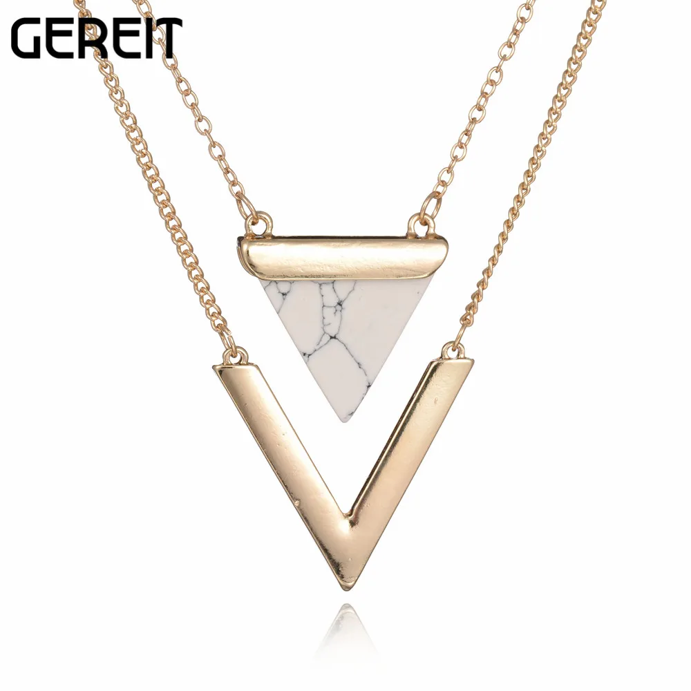 V Letter Shape Triangle Stone Double Layered Geometric Pair Pendant Necklaces Friendship Statement Necklace For Women Jewelry |