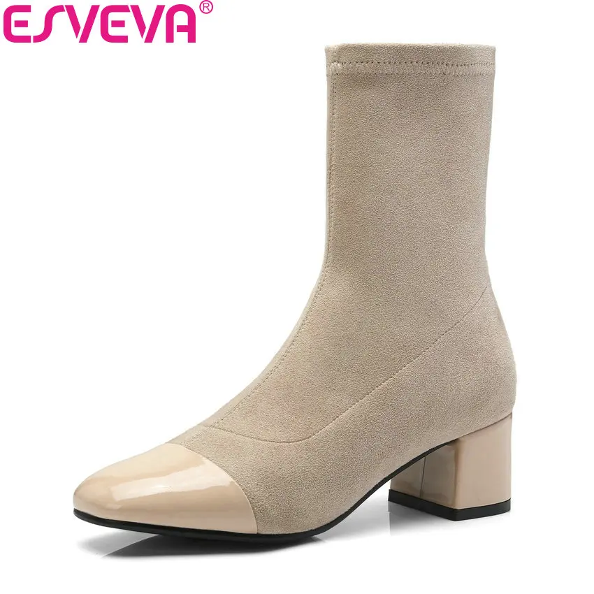 

ESVEVA 2019 Women Boots Mixed Color Kid Suede Flock Square High Heels Mid-calf Boots Spring Autumn Shoes Square Toe Size 34-39