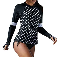 Женский черный короткий низ с принтом в горошек, круглый вырез, защита от солнца, топы для серфинга, рубашка для плавания с длинными рукавами, летние купальники
