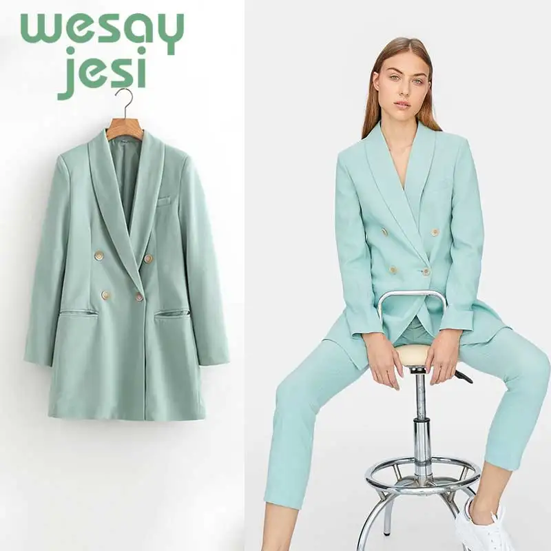 

2019 Women chic blue blazer pockets double breasted long sleeve office wear coat solid female casual fashion outerwear tops