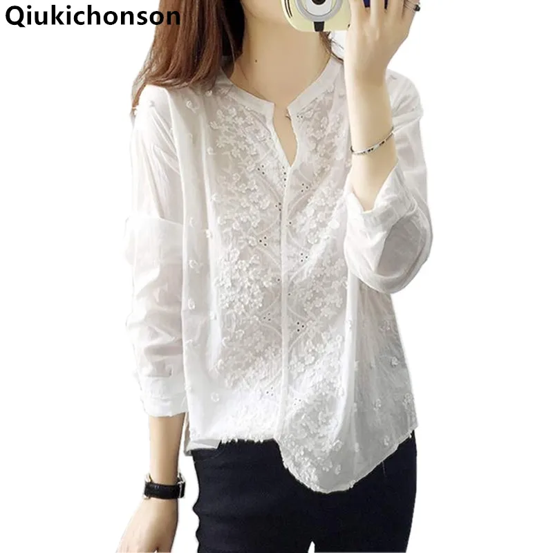 

Qiukichonson White Shirt Women 2018 Spring Summer Tops Ladies Fresh Mori Girl Embroidery Embroidery Shirts White Blouses blusas