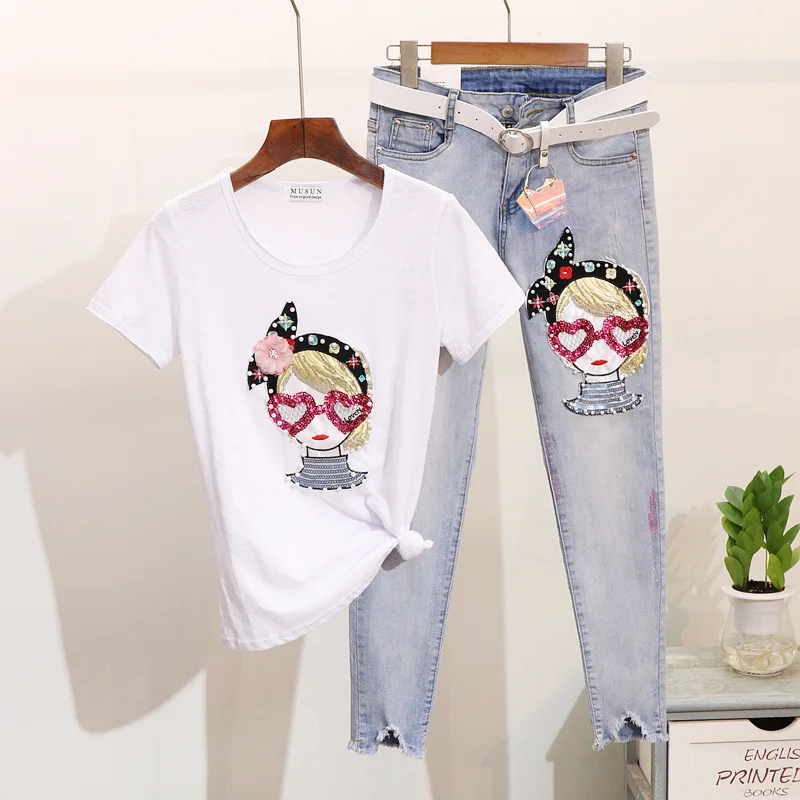 

2019 spring summer 2 pieces jeans suits sequined cartoon girl Tshirt tops + jeans pants set Women two piece set tracksuit