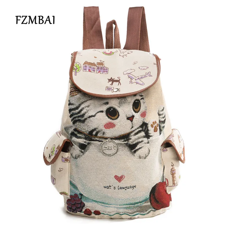 

FZMBAI Hot Sale Canvas Study Cat School Bags Female Double Shoulder Bags Cute Girls Embroidery Backpack