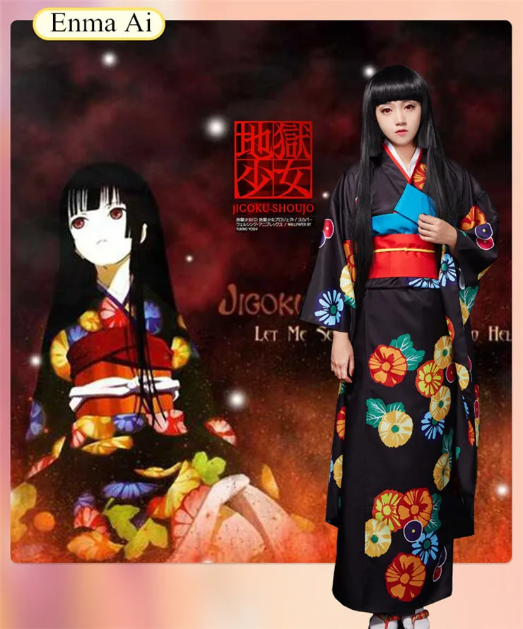 Anime! Jigoku Shoujo Enma Ai Bathrobe Kimono Lovely Gothic Uniform Cosplay Costume Halloween Carnival Outfit Free Shipping |
