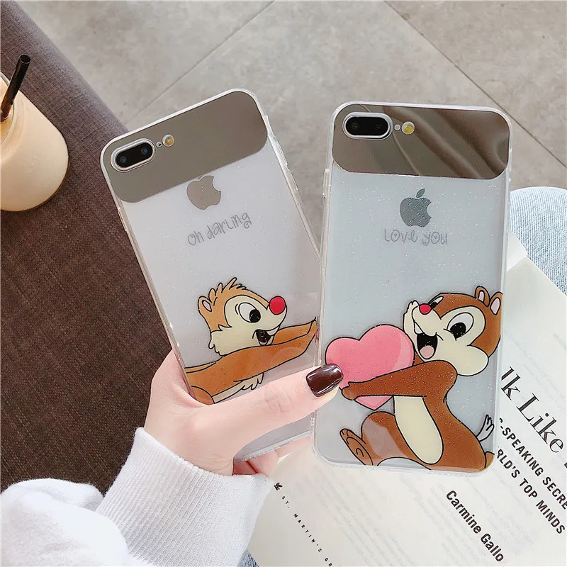 

Cute Cartoon squirrel Mirror Phone Case For iphone 7 8 6s 6 plus X XR XS Max Lovely Soft TPU Clear Couples Back Cover