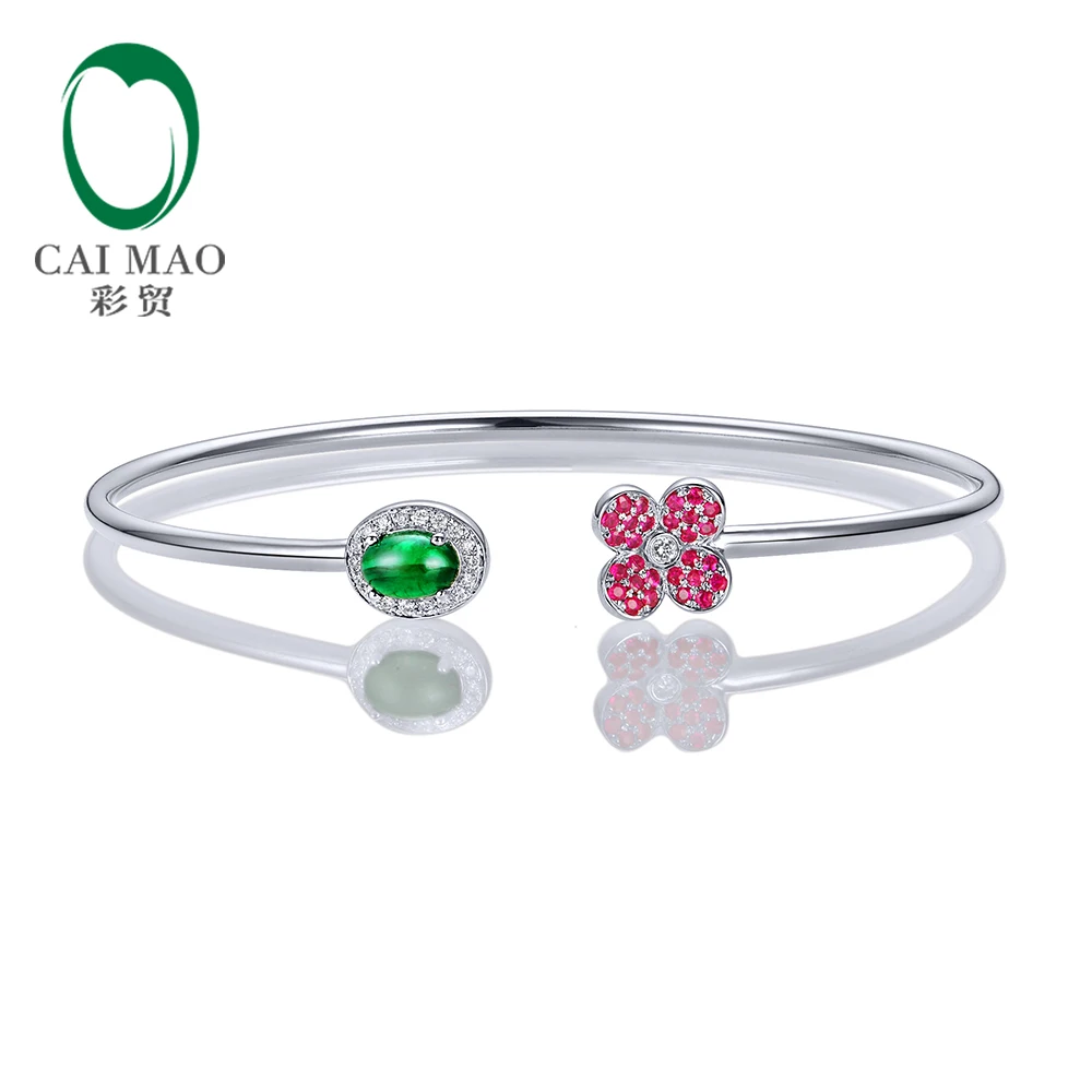 

Caimao Jewelry 0.68ctw Oval Natural Emerald & 0.18ct Ruby 0.11ct Pave Diamond 18K White Gold Gemstone Bracelet
