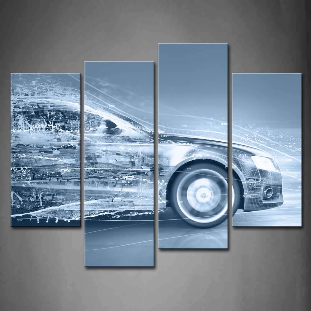 

Framed Wall Art Picture Blue Car Water Canvas Print Artwork Car Modern Posters With Wooden Frames For Living Room Decor