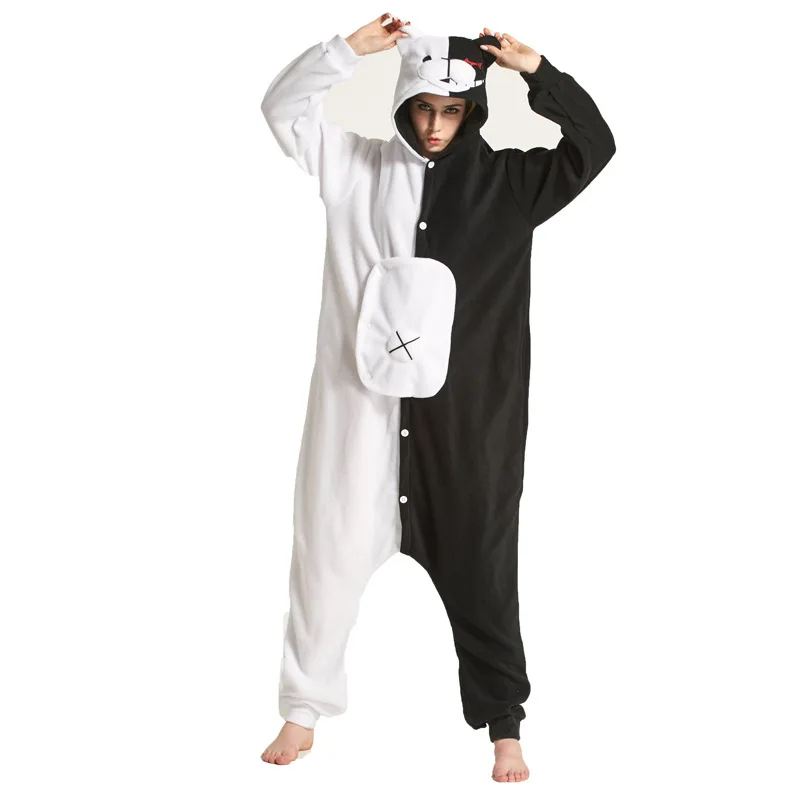 Мультяшная Пижама кигуруми Monokuma, черно-белый медведь, животное, Danganronpa, комбинезоны для женщин, взрослых, мужчин, косплей, цельный костюм
