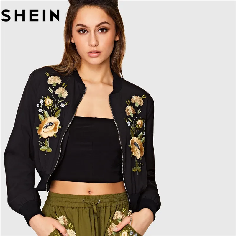 Buy SHEIN Streetwear Black Floral Embroidered Long