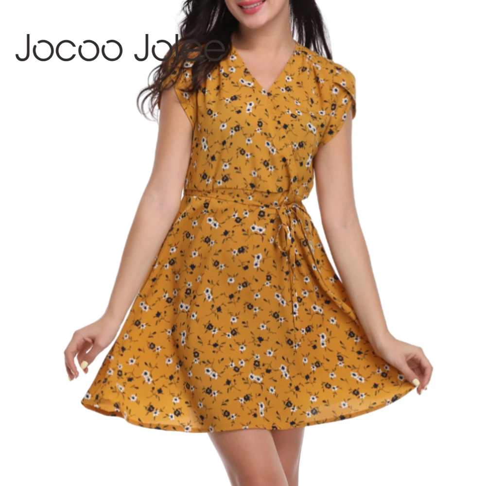

Jocoo Jolee Sexy V-Neck Floral Sprint Women Dress with Ruffle Short Sleeve Empire Lace up Beach Wearings Belt 2018 Summer New