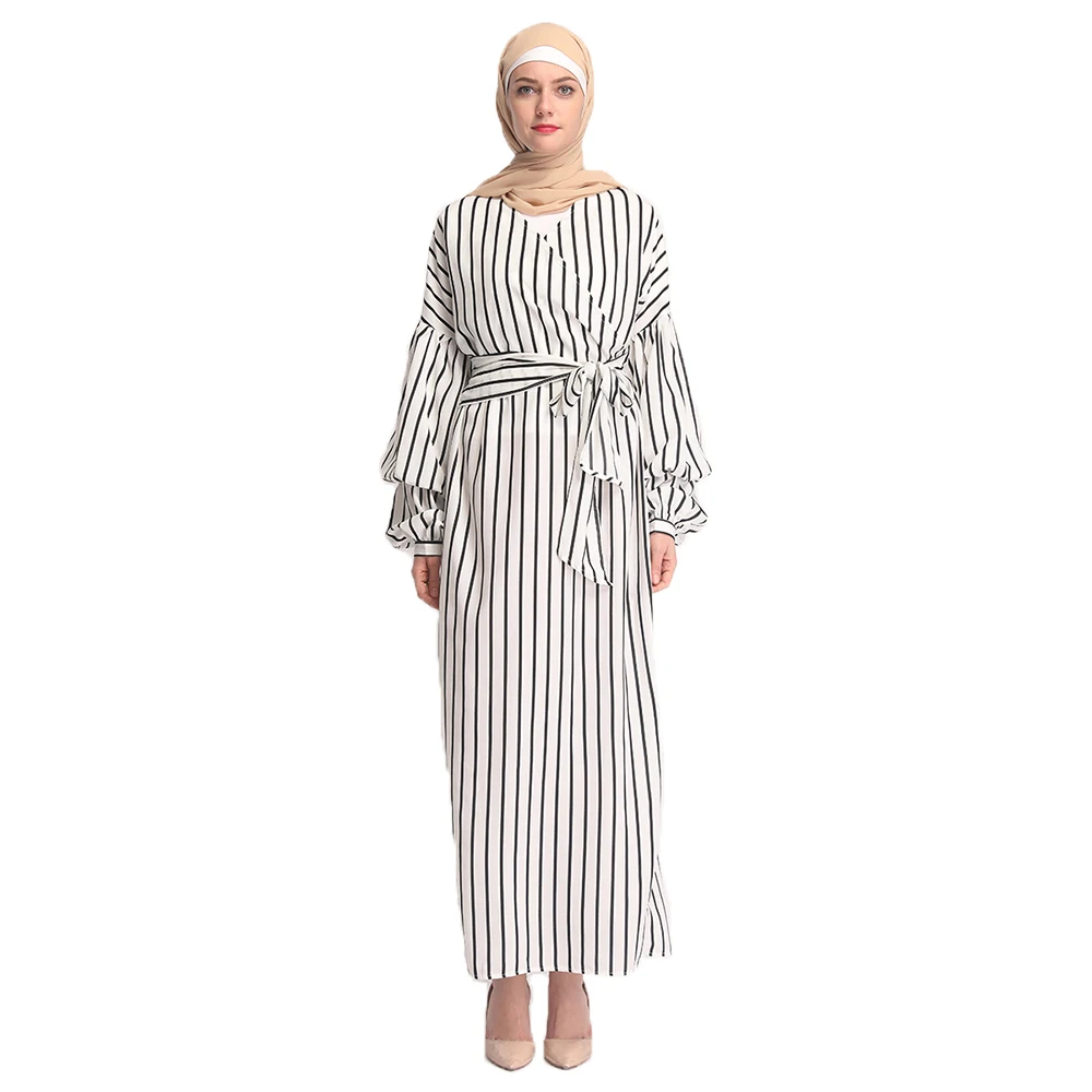 

Arab Puff Sleeve Long Dresses Muslim Women Striped Loose Abaya