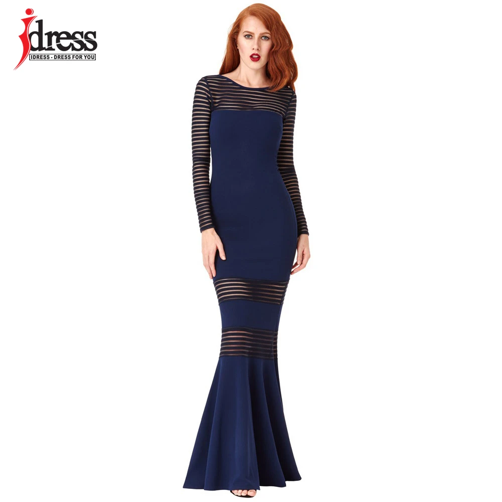 Runway Maxi Dress 2017 New Elegant Women's Dress Long Sleeve Strip Perspective Mermaid Sexy Party Long Dress (4)