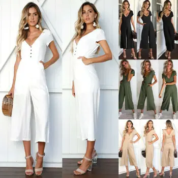 

Women V-neck Short Sleeve Loose Casual Comfrotable High Quality Clubwear Evening Party Jumpsuit Chiffon Long Trousers