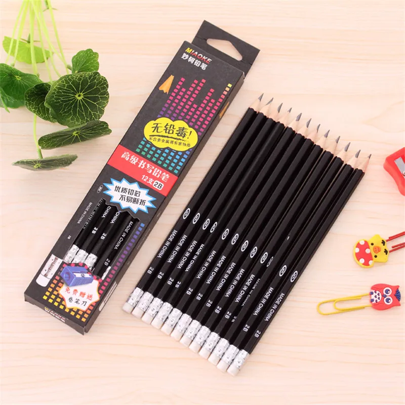 

12Pcs/Lot Carton 2B Pencil Eraser School Student Exam Stationery Store Drawing Sketch Wooden Pen Writing Tool Office Supply Shop
