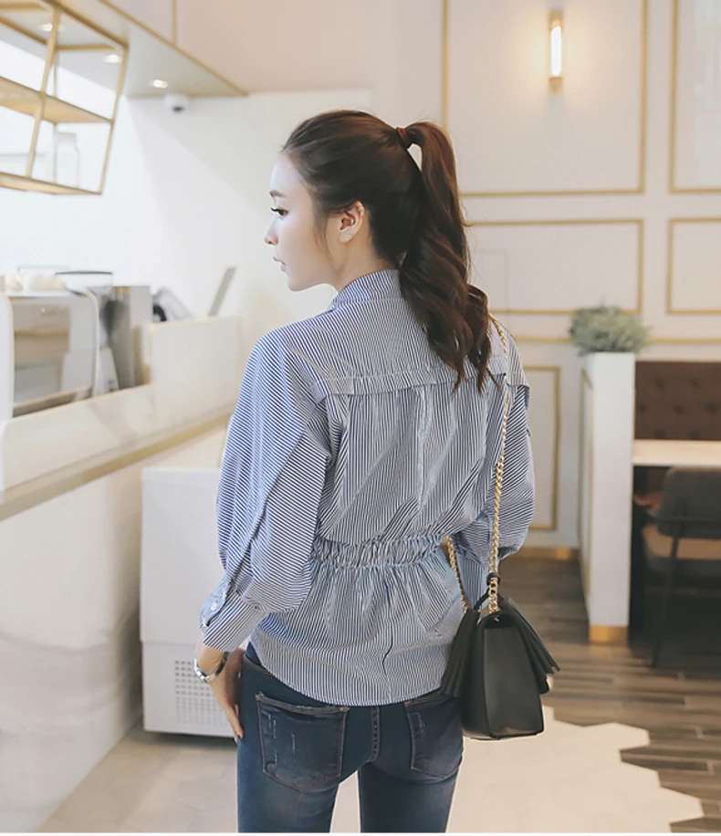  Batwing Puff Sleeve Women Fashion Shirts Buttons V-neck Striped Office Lady Blouse Female Tops Blus