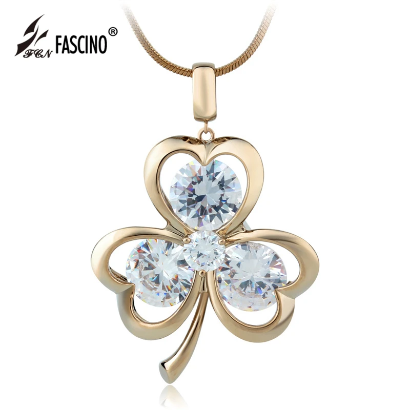 New Cubic Zirconia Three Leaf Lucky Clover Heart Pendant Necklace