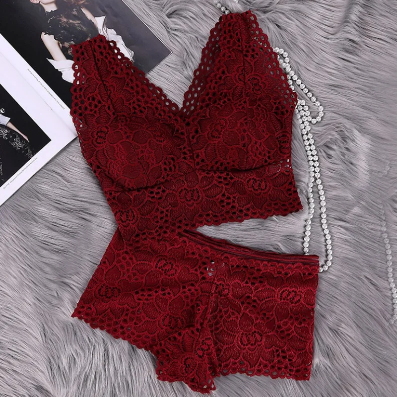 

Sexy Lingerie Seamless Bra Set Push Up Floral Lace Transparent Bralette Wirefree Bra Panties Set Women Sleep Underwear