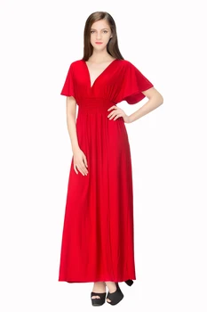 

Women V Neck Summer Red Cotton Deep V Neck Maxi Long Dress