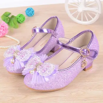 

Girls High Heels Crystal Princess Shoes Children's Wear Pearl Diamond Sandals New Pearl Bow Single Shoes Sandals Blue Pink