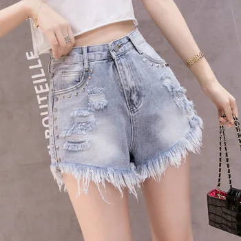 

Beaded Denim Shorts 2019 Female New Summer female Korean version of High waist Slimming Hole Edging Wide Leg pants