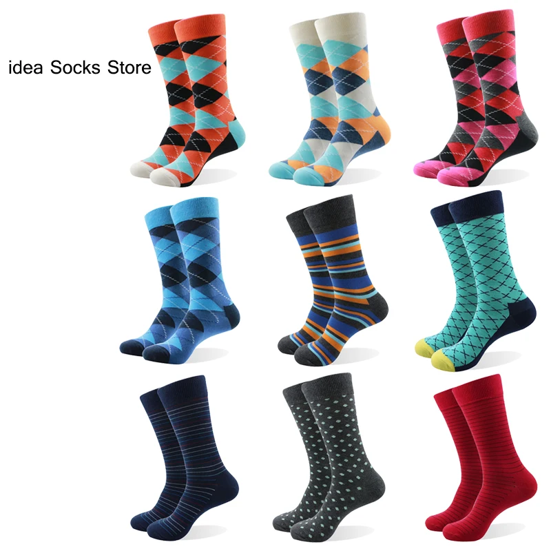 Men a lot of new colorful series long argyle socks brand knit stripes