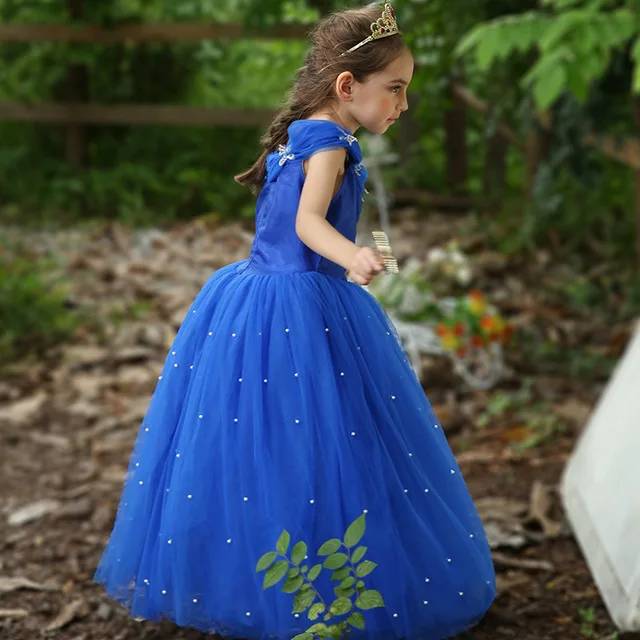 Летнее платье принцессы платье Золушки праздничное платье для девочек, длинное платье в пол, вечерние платья детская одежда карнавальный синее длинное платье жемчужного цвета