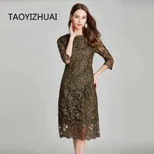 TAOYIZHUAI New Arrival Summer Vintage style Large Size Three Quarter Sleeves Loose Elegant Flower Print Lace Women's Dress 11644