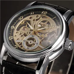 Luxury Golden Skeleton Mechanical Steampunk Men's Wristwatch with Leather Strap (Silver Black)