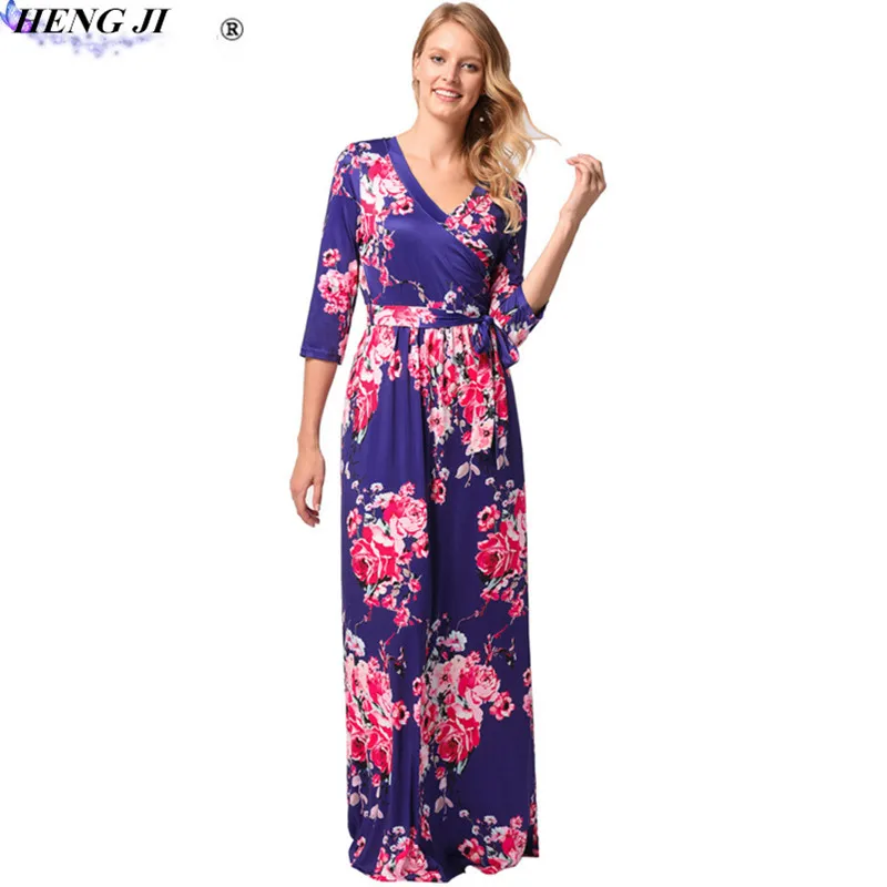 European and American print dress, v neck sleeve, long style belt, big