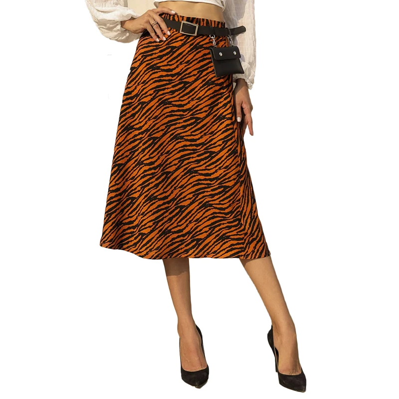 

Ladies Casual Zebra Print High Waist Midi Long A Line Skirt