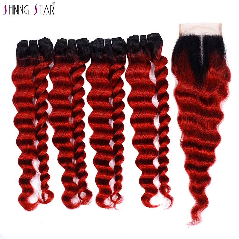 4 1B красный пучки волос от светлого до темного цвета с закрытием свободные глубокая волна бордовый перуанские пучки волос с закрытием