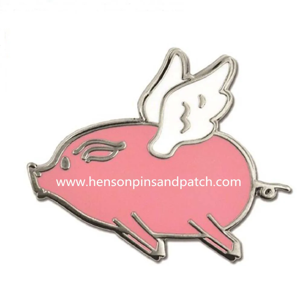 

Customized 1 inch silver finishing pink flying pig metal soft enamel pin badges