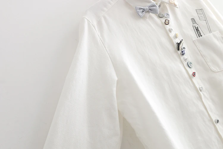 Осень сладкий элегантный дизайн мульти-на пуговицах с длинными рукавами и бантом женские рубашки свободного кроя карман зубная паста Зубная щётка, топ с принтом в виде блузки