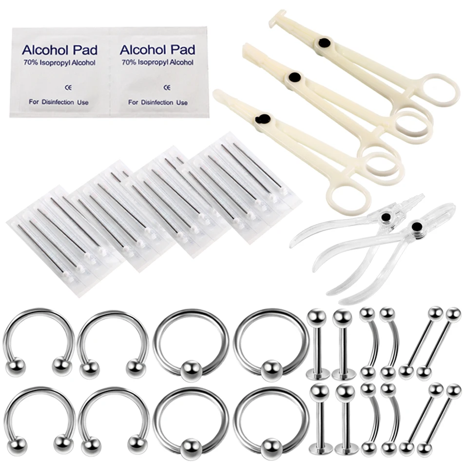 47pcs lot Pro Body Piercing Kits Puncture Ear Nose Eyebrow Labret Belly Plier Piercing Clamp Steel