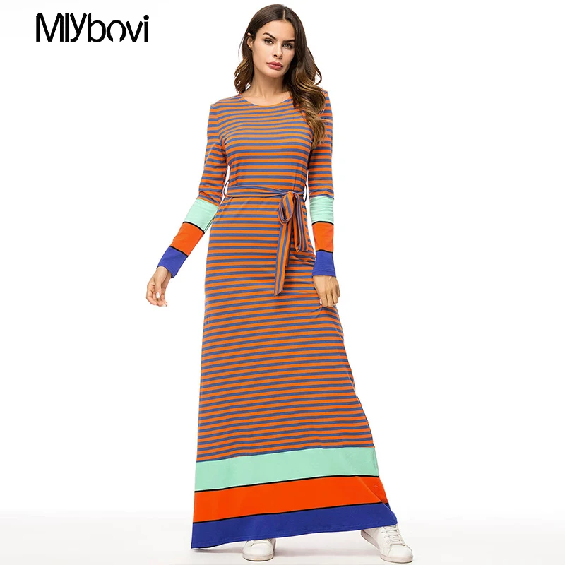 

Red Adult Muslim Dress Arab striped stitching Dubai Vestidos with Belt Casual Maxi Muslim plus size Slim Islamic dress 2018