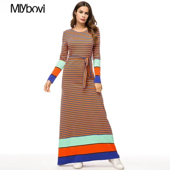

Red Adult Muslim Dress Arab striped stitching Dubai Vestidos with Belt Casual Maxi Muslim plus size Slim Islamic dress 2018