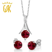GemStoneKing Mujeres de La Manera 925 de La Joyería de Plata 2.40 Ronda Ct Creado Rubí Colgante y Pendientes Establecidas 18 “Cadena